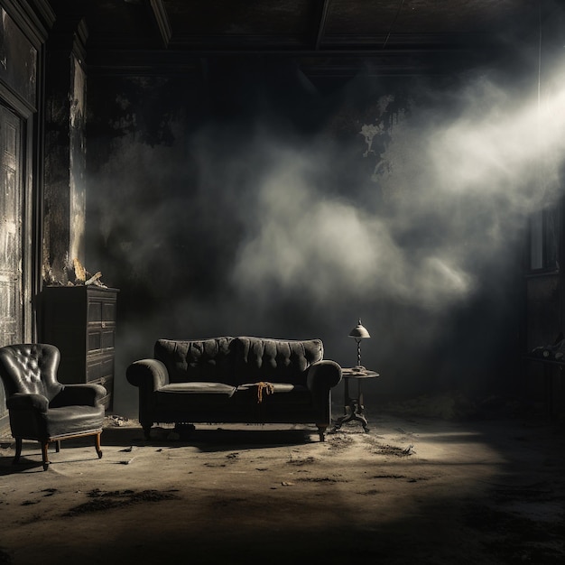 3d dark grunge smoky interior with spotlight