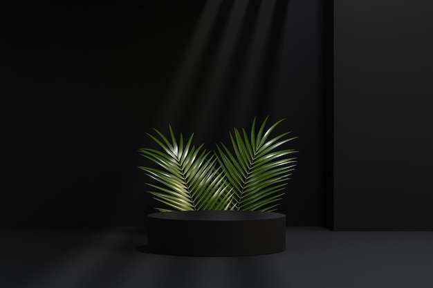 3d макет платформы темного подиума с тропическими пальмовыми или кокосовыми листьями на черном фоне