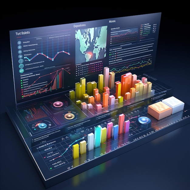 3D-dashboard met bedrijfsgegevens gegenereerd door Ai