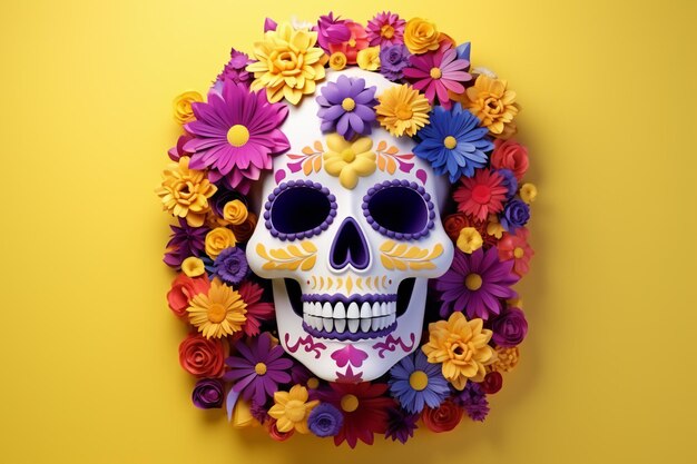 3d day of the dead skull on yellow background