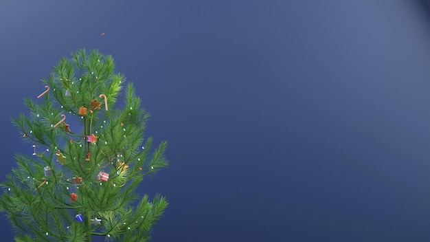 3D-decoratieve kerst- of sparrenboom en kopieerruimte op blauwe achtergrond