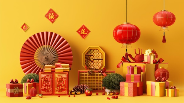 3D decoration element set isolated on yellow background Includes gold coin red envelope paper fan hexagon box and traditional wooden door