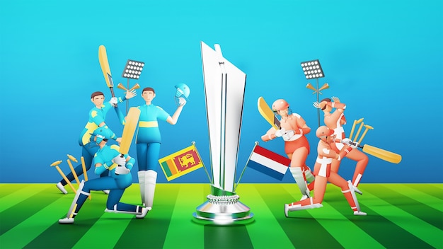 3D-deelnemende cricketteamspelers van Sri Lanka VS Nederland met zilveren winnende trofee en toernooiuitrusting op groene en blauwe achtergrond.