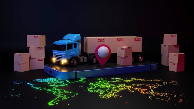 3d delivery truck loaded with a cardboard box and smartphone
with world map pointer. delivery and shipping service concept.