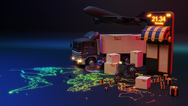 Photo 3d delivery truck loaded with a cardboard box and smartphone with world map pointer. delivery and shipping service concept.