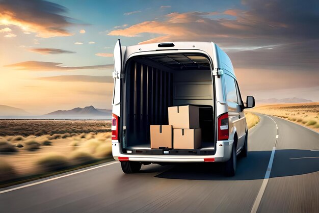 Foto furgone di consegna 3d con consegna di carico in scatola o poster di consegna di auto 3d