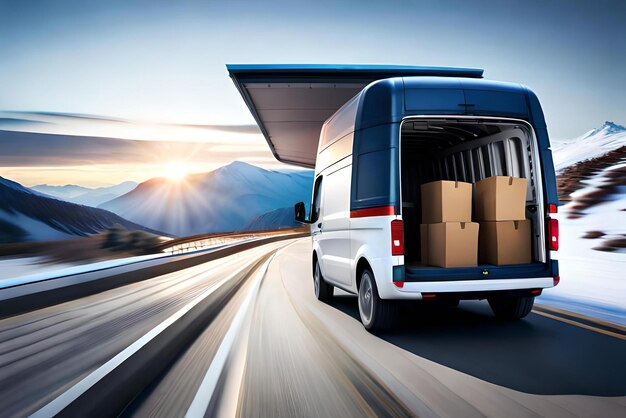Фото 3d доставка фургона с доставкой груза в коробке или 3d рендеринг доставки плаката доставки автомобиля