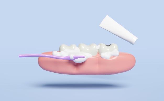3D-икона модели зубных зубов с зубной щеткой, зубной пастой, трубкой, пузырьком десен, изолированным на синем фоне.