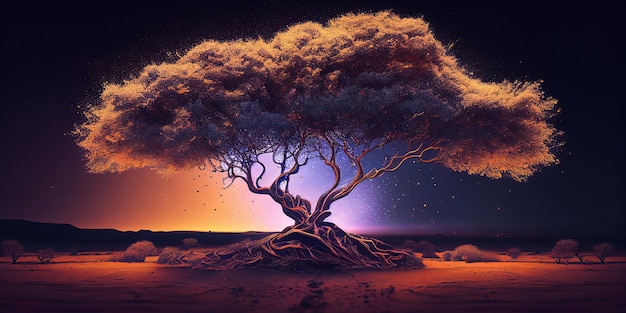 밤 배경의 3d 사막 나무 Generative AI