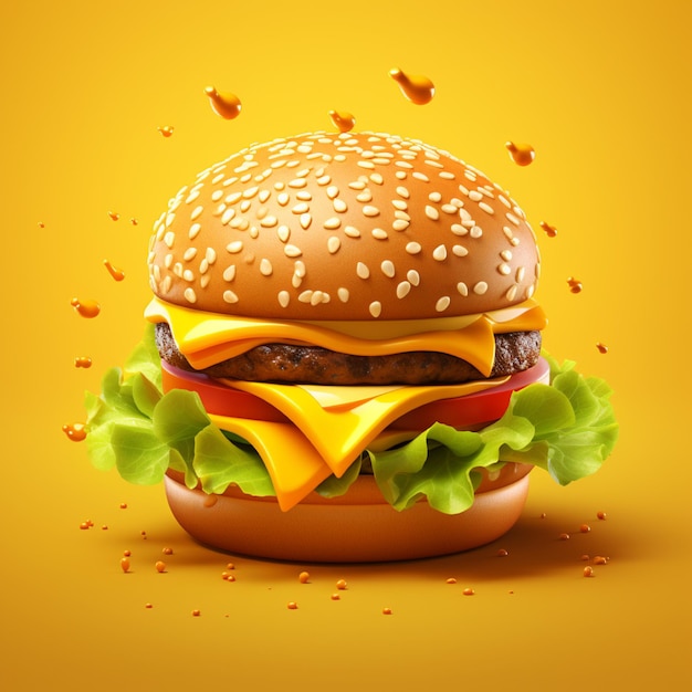 3D design of burger in yellow background