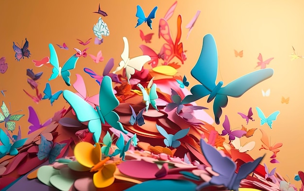 3D design of colorful butterflies over warm orange background