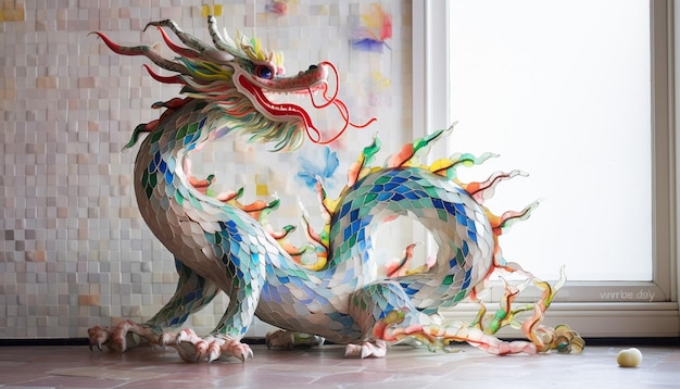 Photo a 3d design featuring a chinese dragon made from colorful mosaic tiles