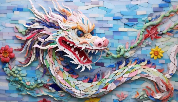 A 3D design featuring a Chinese dragon made from colorful mosaic tiles
