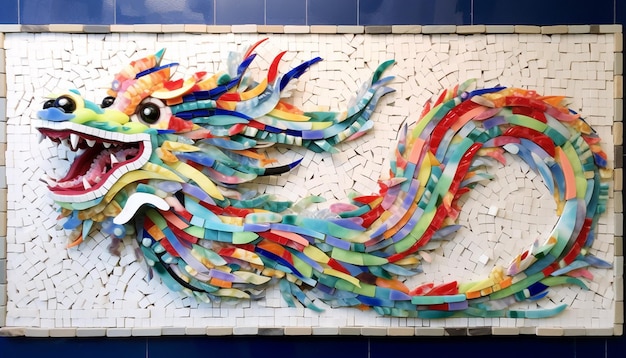 A 3D design featuring a Chinese dragon made from colorful mosaic tiles