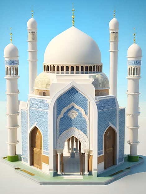 3d design of a mosque with a gate in the middle and minaret domes