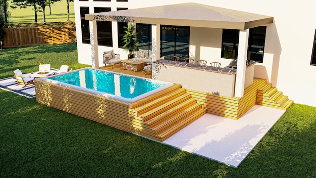 3d design and render of a backyard with hot tub bbq area seating area deck and fire pit