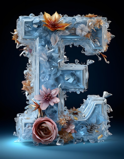 3D design stereo rendering of a single English letter composed of daisies and ice and snow