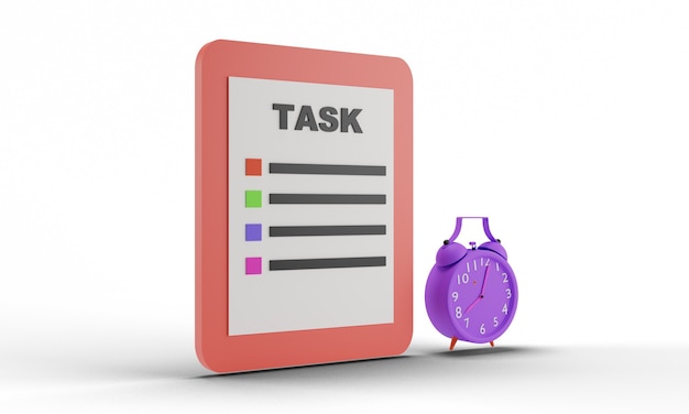 Photo 3d design of task board and alarm clock illustration on white background