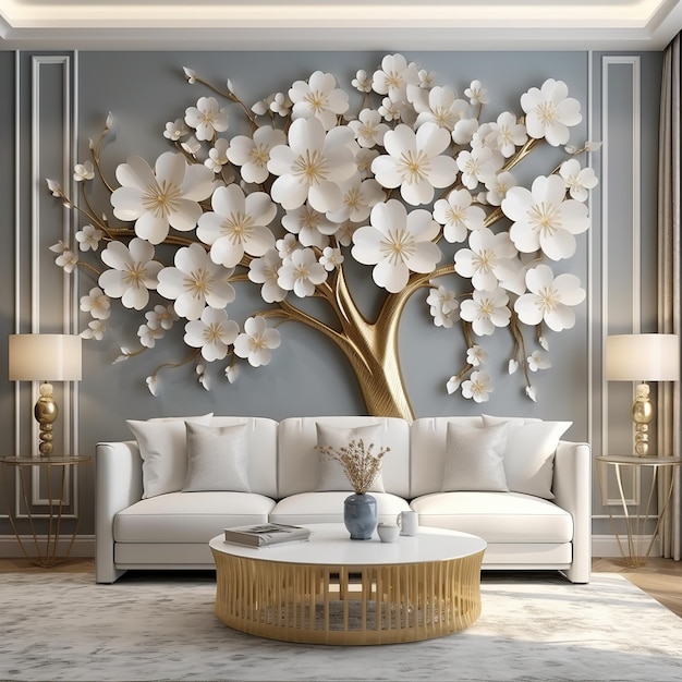 3d Design White Floral Tree with Golden Stem Home Interior Mural Wall art Decor Wallpaper