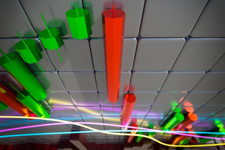Foto 3d-diagram met een dalende trend kaarsendiagram met indicatoren