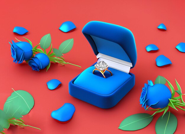 박스 안에 있는 3D 다이아몬드 반지, 장미, 배경