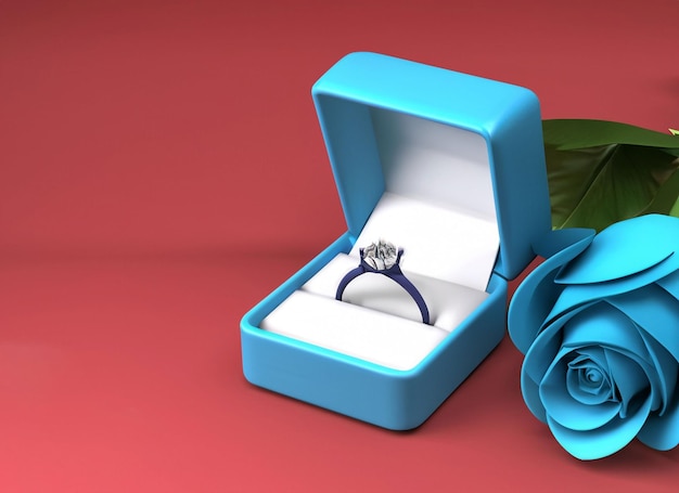 3d diamond ring in box and roses and background