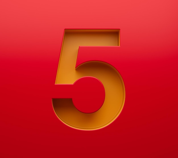 3d digit 5 or five bevel gold number on red background 3D illustration