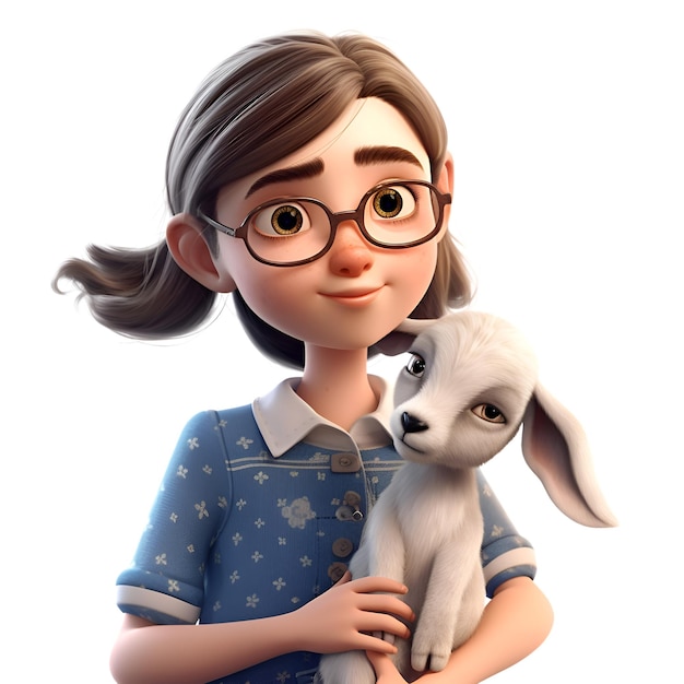 3D digitaal geeft van een leuk klein meisje met een kleine geit terug