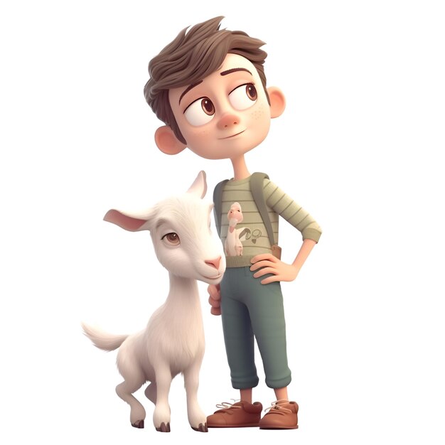 3D digitaal geeft van een leuke jongen met een geit terug die op witte achtergrond wordt geïsoleerd