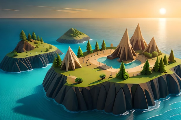 3D digitaal schilderij van een eiland met een bos en een meer