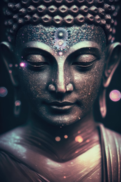 A 3d digital art of a buddha face with crystals on it