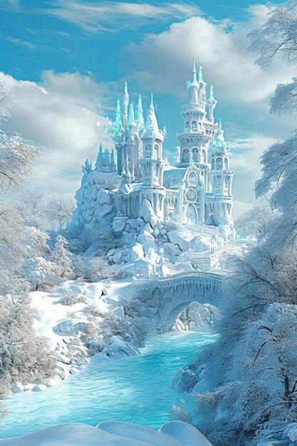 3D-тема цифрового искусства с зачарованным ледяным замком, расположенным в заснеженном ландшафте