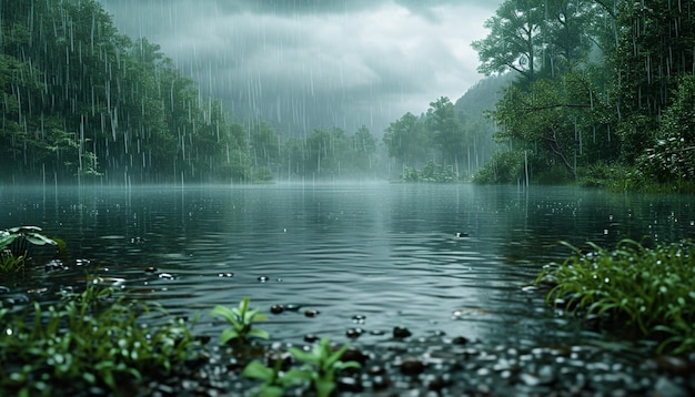 a 3D digital art theme featuring rainfall gently hitting a tranquil lakes surface