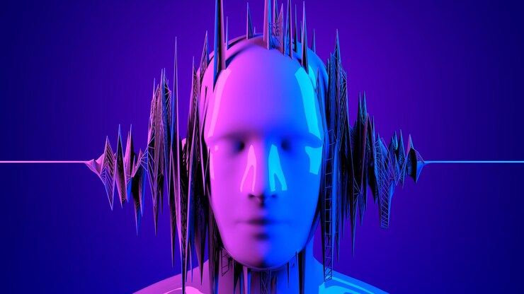 Photo 추상적 인 사운드 데이터 웨이브 흐름의 3d 디지털 인간의 얼굴 미래는 파란색 배경 메타버스에 있었다