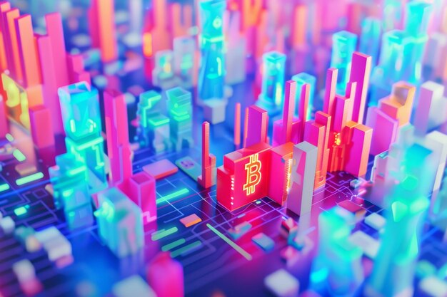 Photo 3d digital illustration of bitcoin around the city on bokeh background