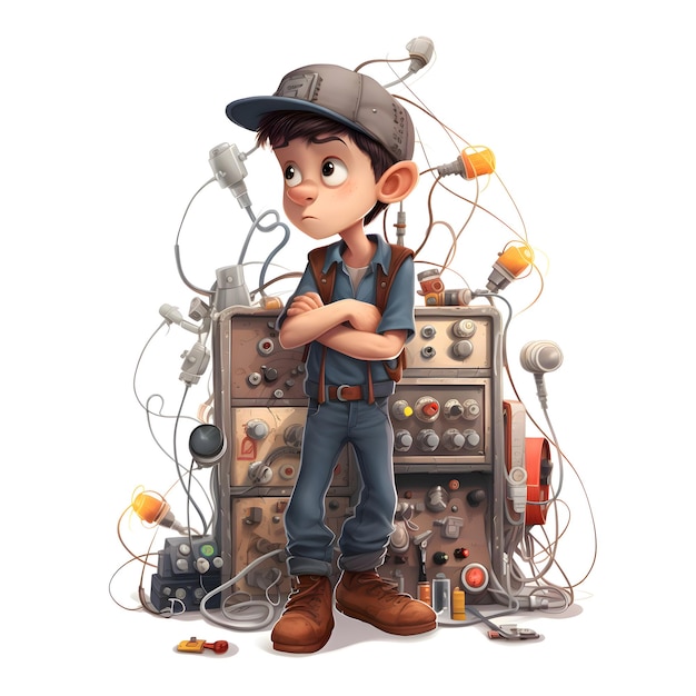 3D цифровая иллюстрация мальчика в комбинезоне, стоящего возле электрооборудования