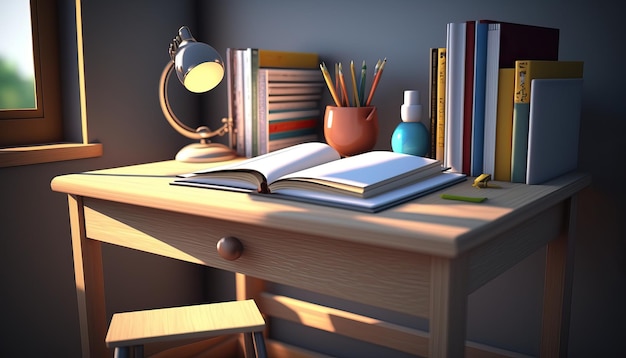 3D digital illustration of a study table children's room and a student's desk Generative Ai