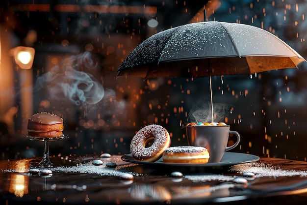 3D digital image An umbrella over coffee and a donut