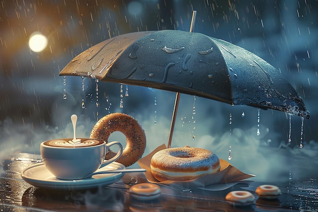 3D digital image An umbrella over coffee and a donut