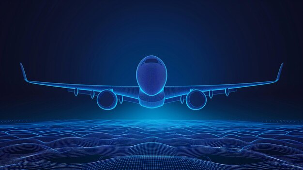 3d Digital neon futuristic airplane Future aviation modern technology air transport concept travel