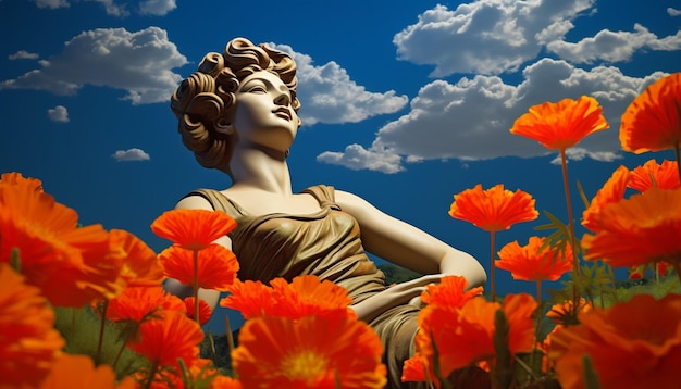 a 3D digital poster featuring a solitary vibrant marigold flower