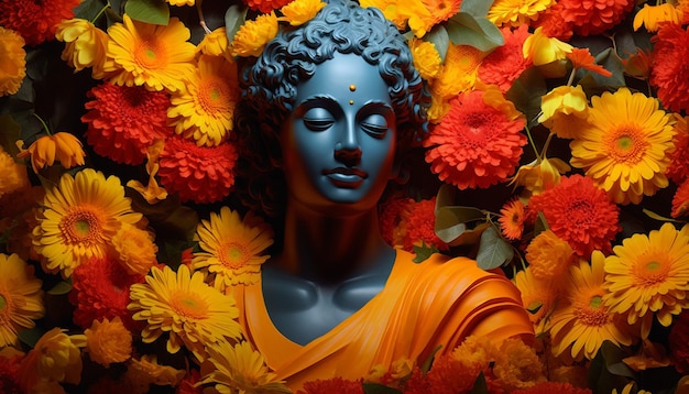 3D 디지털 포스터는 외로운 활기찬 멜리골드 꽃을 특징으로합니다.