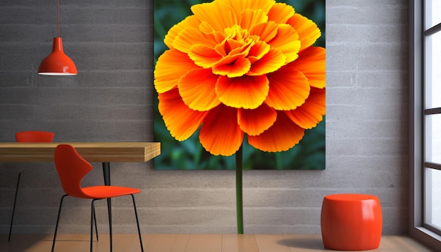 a 3D digital poster featuring a solitary vibrant marigold flower