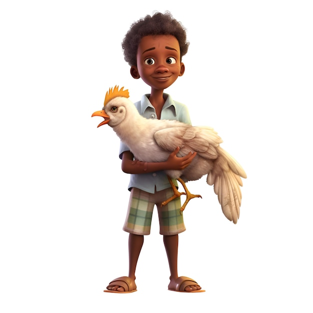 3D digital render of an African American boy with a chicken isolated on white background