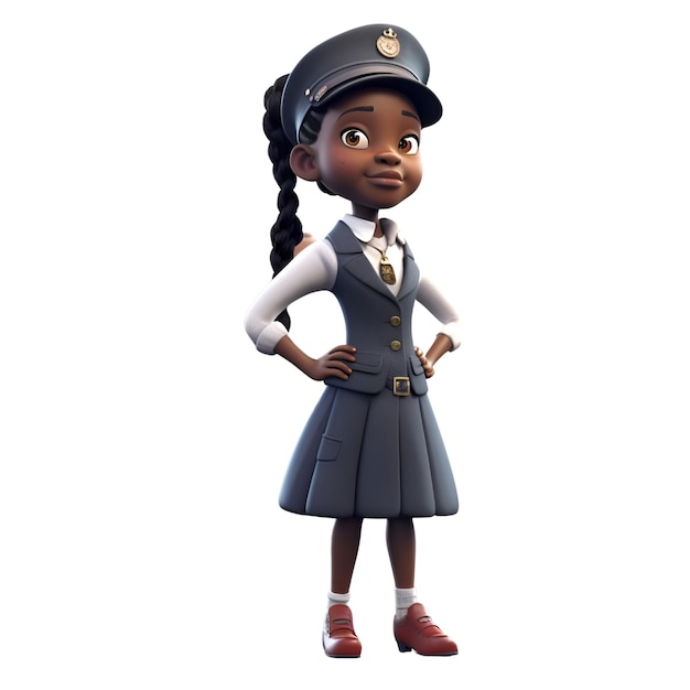 흰색 배경에 고립 된 아프리카 계 미국인 경찰 소녀의 3D 디지털 렌더링