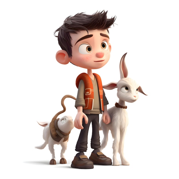 3D digital render of a boy with a dog on a white background