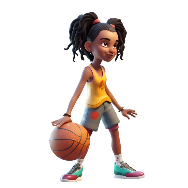 3D digital render of a cute african american girl playing basketball isolated on white background