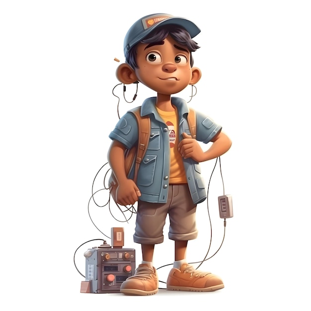 Photo 3d digital render of a cute boy with a backpack and mobile phone