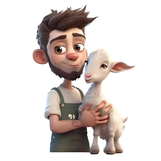 3D digital render of a cute cartoon farmer with a white goat
