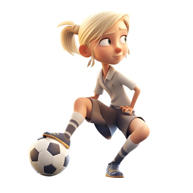 白い背景に分離されたサッカーをしているかわいい女の子のデジタル 3 D レンダリングします。